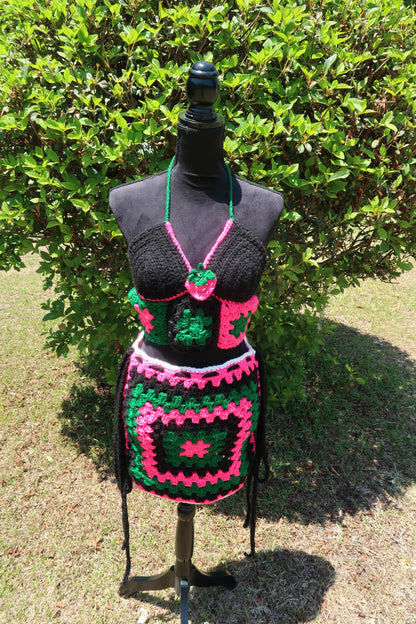 Strawberry Granny Square Crop Top and Skirt